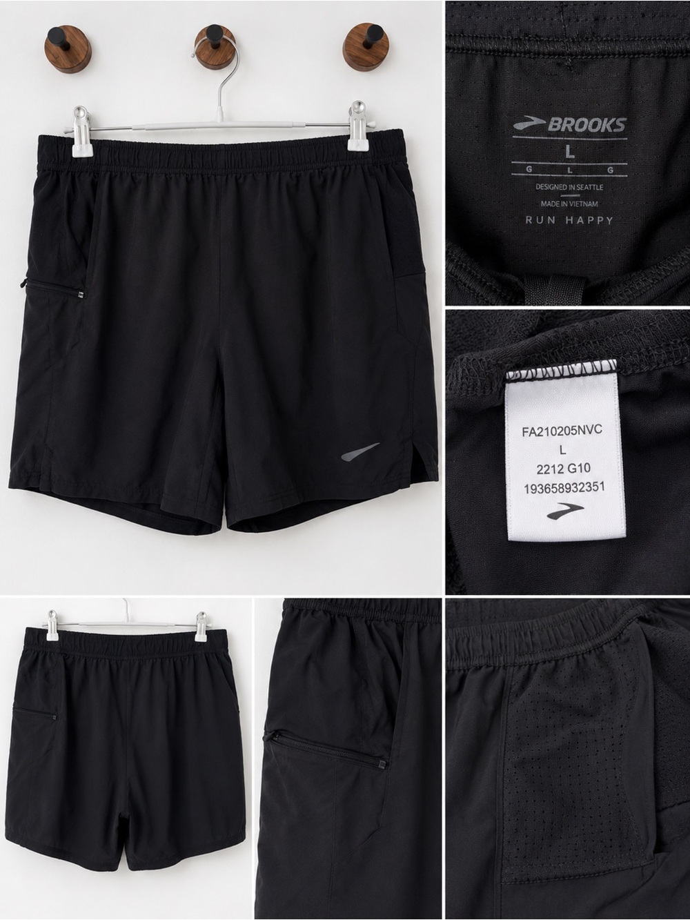 Brooks Men’s Black Running Athletic Shorts Size Large Zip Pockets
